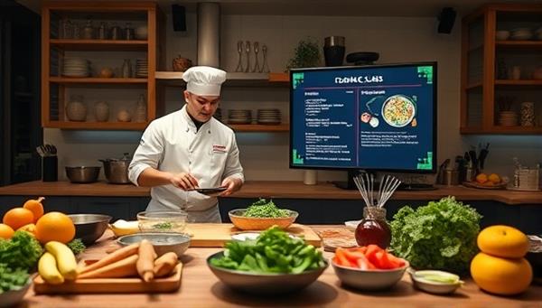 A vibrant virtual cooking class setting with a chef demonstrating a cooking technique, surrounded by fresh ingredients, kitchen utensils, and a digital screen displaying recipes, creating a dynamic and interactive cooking environment for participants to learn and cook along from home.