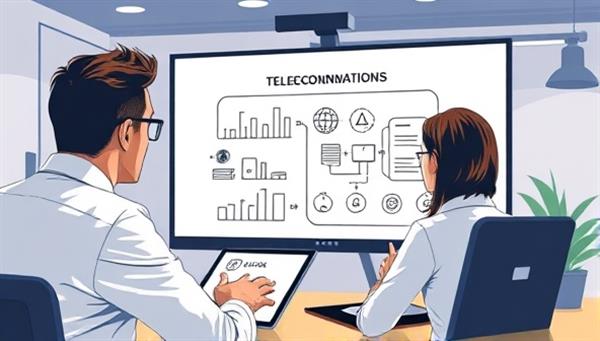 An illustration of a virtual consultant engaging in a video call with a business client, discussing telecommunications strategies on a virtual whiteboard, conveying expertise and professionalism in remote consultancy services.