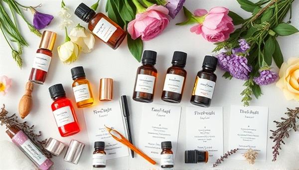 An elegant and artistic flat lay arrangement featuring colorful bottles of essential oils, blending tools, and personalized scent cards, set against a backdrop of fresh flowers and aromatic herbs, conveying the essence of DIY fragrance creation at home.