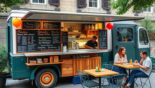 An artisanal food truck setup with a diverse menu displayed on chalkboards, a chef preparing gourmet dishes in the mobile kitchen, and customers enjoying their meals at outdoor seating, highlighting the culinary experience and convenience of GourmetWheels Delivery.