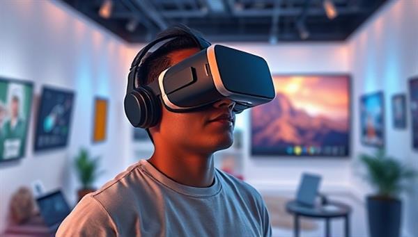 An artistic representation of a person wearing a VR headset exploring a visually stunning website in a virtual gallery setting, surrounded by interactive elements and animations, evoking a sense of creativity and innovation.