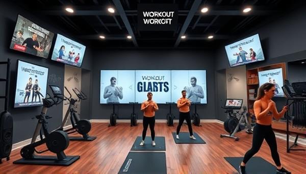 A virtual workout studio environment with screens displaying various workout classes, fitness equipment, and motivational quotes, with avatars representing users engaging in different workout routines, fostering a sense of community and motivation in virtual fitness.