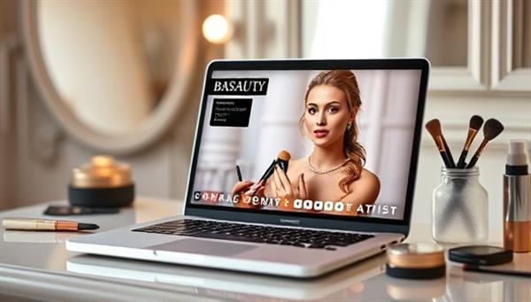 An elegant laptop displaying a virtual beauty consultation session with a professional makeup artist, showcasing a range of makeup products and brushes, with a backdrop of soft lighting and a mirror, creating a luxurious and immersive beauty experience.
