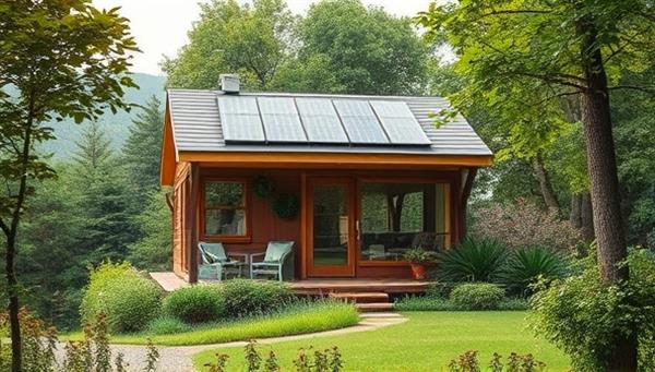 A serene image of a beautifully designed tiny home surrounded by lush greenery, solar panels on the roof, and large windows letting in natural light, creating a harmonious blend of modern living and nature.