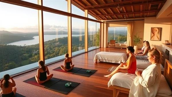 A tranquil wellness retreat center and spa featuring serene meditation spaces, luxurious treatment rooms, yoga studios with panoramic views, and guests indulging in spa therapies, yoga sessions, and mindfulness practices, embodying a haven of relaxation and rejuvenation at Serenity Haven Wellness.