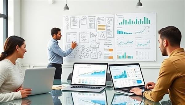 A dynamic and modern office setting with a team brainstorming ideas on a digital whiteboard, laptops open with various marketing analytics dashboards, representing innovation and collaboration in digital strategy planning.