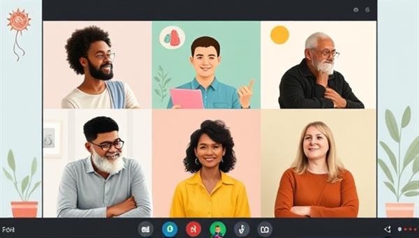 A virtual support group session with diverse individuals sharing experiences and insights, surrounded by calming visuals and symbols of mental well-being, illustrating the inclusive and supportive environment of MindMend Connect.