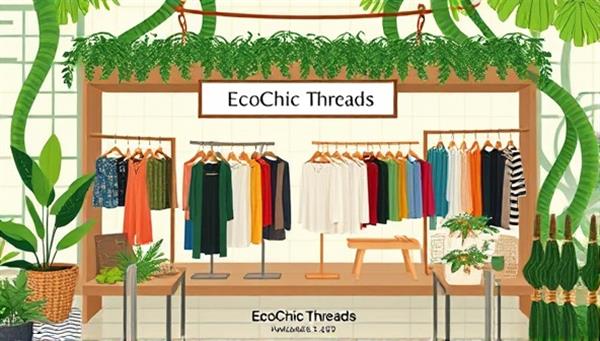 An artistic representation of a virtual sustainable fashion marketplace with stylish eco-friendly products displayed in a nature-inspired setting, reflecting the ethos of EcoChic Threads as a platform for conscious consumers seeking ethical and fashionable choices.