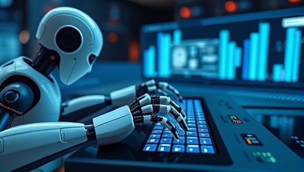 An image illustrating a futuristic AI-powered robot typing on a sleek digital interface, generating ad copy in real-time with a creative and innovative touch, symbolizing the intersection of AI technology and advertising creativity in AIscribe