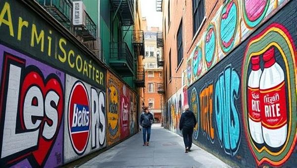 An urban alley transformed into a colorful outdoor gallery showcasing a series of street art murals promoting diverse brands and products, attracting pedestrians and sparking conversations about art and advertising in public spaces.
