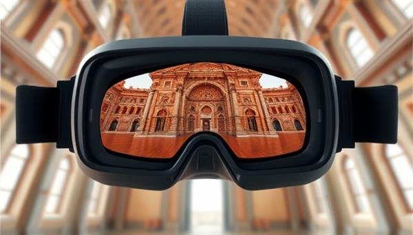 A virtual reality headset displaying an immersive 3D tour of a majestic historical building, with intricate architectural details and historical significance, transporting the user to a digital realm of cultural exploration and architectural marvels.
