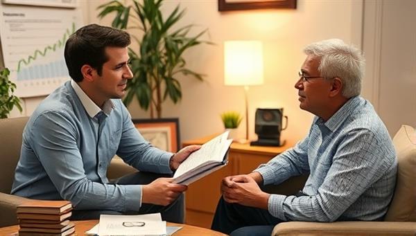 An expert advisor discussing insurance options with a client in a cozy office setting, surrounded by charts and policy documents, exuding trust and professionalism.