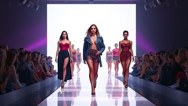 A dynamic virtual fashion show environment featuring digital models walking the runway in stunning designer outfits, accompanied by interactive elements for viewers to explore collections, styles, and trends, capturing the essence of innovation and creativity on the RunwayRevel Virtual platform.