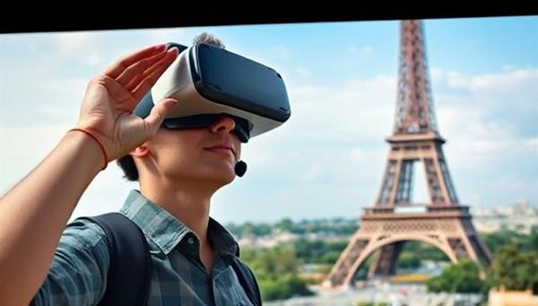 An individual wearing a VR headset, exploring a digital representation of the Eiffel Tower in Paris, with a travel guide appearing beside them to narrate the history and significance of the landmark, illustrating the immersive virtual travel experience.