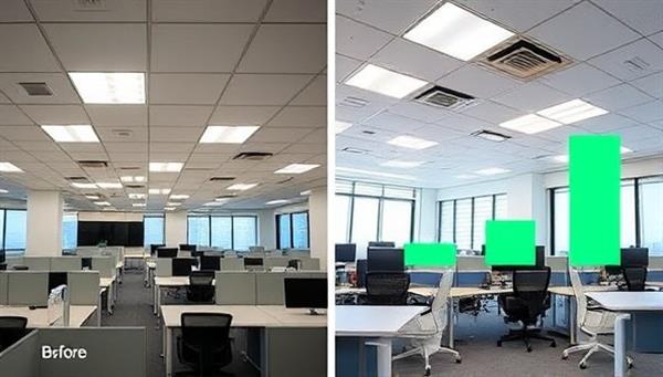 An office space before and after an energy-efficient lighting retrofit, with LED fixtures illuminating the workspace brightly and a comparison chart displaying reduced energy consumption and savings, highlighting the transformative impact of eco-friendly lighting solutions.