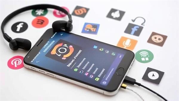 An image of a smartphone with headphones, displaying a personalized podcast playlist on the screen, surrounded by icons of various podcast genres, conveying a sense of customization and choice.