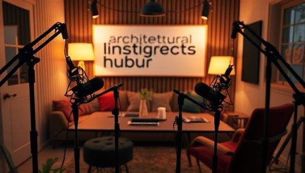 An architectural podcast studio setup with microphones, recording equipment, and a cozy ambiance, symbolizing insightful conversations and industry expertise shared on the Architectural Insights Hub podcast.