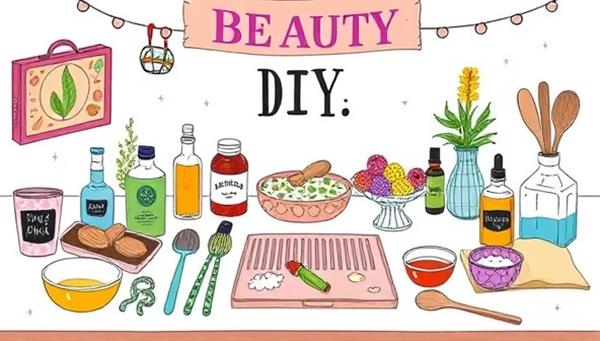 A colorful and whimsical illustration of a DIY beauty crafting station, featuring an array of natural ingredients, essential oils, and beauty tools arranged neatly on a table, with a handcrafted beauty product being displayed proudly, showcasing the creativity and fun of the subscription box.