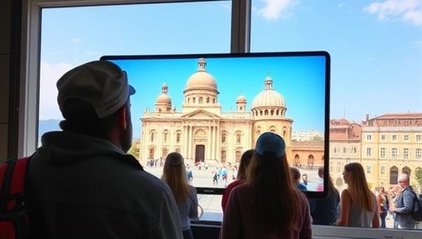 A virtual tour guide leading an interactive tour of a historical landmark through a computer screen, with participants from different parts of the world engaging with the guide and each other, creating a sense of global connectivity and cultural exploration in VirtualWanderer