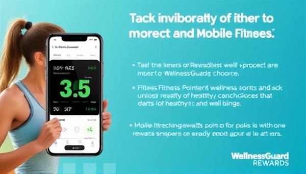 An engaging visual featuring users tracking their fitness progress on a mobile app connected to WellnessGuard Rewards, earning wellness points and unlocking rewards for healthy lifestyle choices, promoting a holistic approach to insurance and well-being.