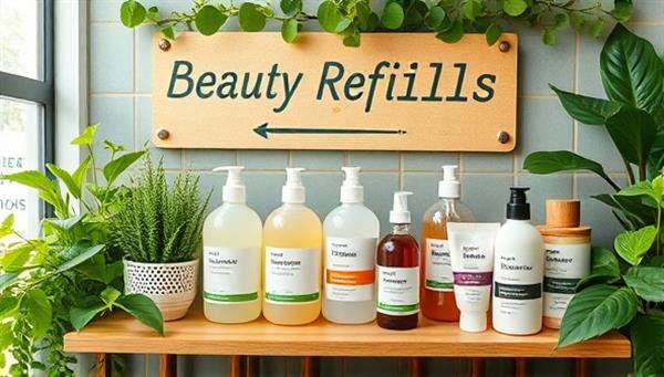 An eco-friendly beauty refill station showcasing a variety of refillable containers filled with organic beauty products, surrounded by lush greenery and eco-conscious messaging, promoting sustainability and conscious consumption.