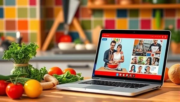 A colorful kitchen scene with fresh ingredients, cooking utensils, and a laptop displaying a live cooking class, showcasing a fun and engaging culinary experience.