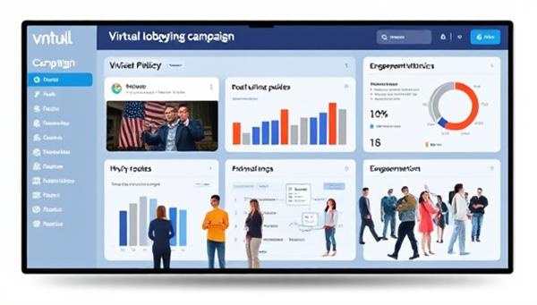 A digital interface showcasing a virtual lobbying campaign dashboard with real-time policy updates, engagement metrics, and a network of diverse advocates collaborating on advocacy initiatives, symbolizing unity and impactful advocacy efforts.