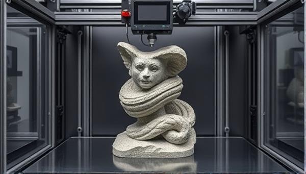 An innovative 3D printer in action, creating a detailed concrete sculpture with precision and intricacy, showcasing the fusion of technology and artistry in the production of bespoke architectural elements.