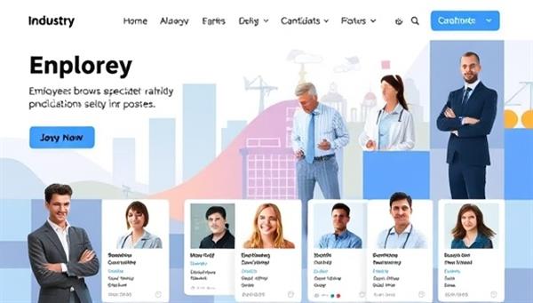 An industry-themed platform interface featuring a diverse range of professionals from niche sectors, with employers browsing through specialized talent profiles and engaging with candidates possessing unique skills, highlighting the platform