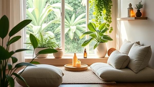A serene and tranquil virtual spa setup showcasing a cozy meditation corner with lush greenery, calming essential oils, soft lighting, and comfortable cushions, inviting subscribers to immerse themselves in a peaceful oasis of relaxation and self-care.