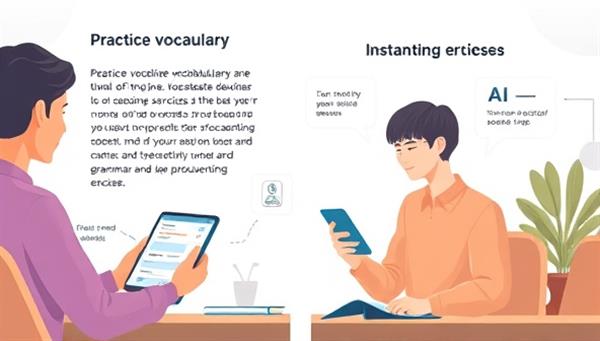 An engaging visual of a user interacting with the app, practicing vocabulary with the help of AI-generated exercises and receiving instant feedback on pronunciation and grammar, illustrating a seamless and interactive learning experience.
