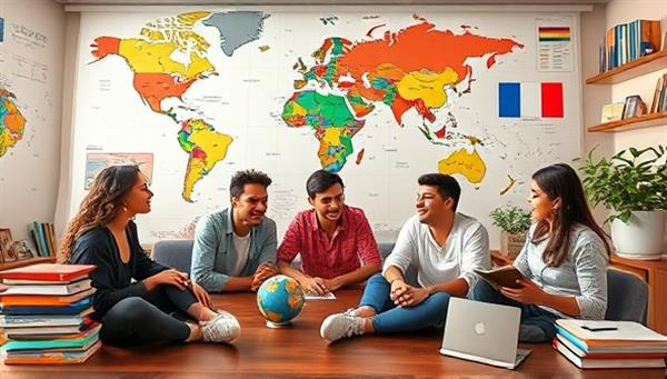 An international virtual setting with language learners from different countries engaging in a language exchange session, surrounded by language textbooks, world maps, and cultural artifacts, showcasing a vibrant and interactive language learning community.