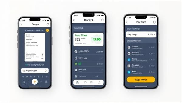 An interactive mobile app interface showcasing digital receipt scanning, expense categorization, and real-time expense tracking features, designed with a clean and modern aesthetic, reflecting efficiency and convenience in expense management for businesses and individuals.