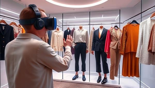 An exciting virtual reality scene featuring a user exploring a digital wardrobe filled with trendy outfits, trying on virtual garments with a wave of their hand, and receiving instant style feedback from an AI stylist, showcasing the future of fashion shopping through immersive VR experiences on the StyleSphere platform.
