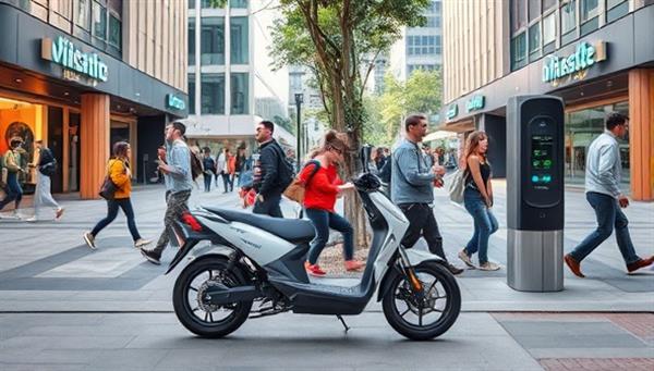 An urban scene with a bustling street corner, featuring a sleek electric scooter parked near a charging station, with diverse commuters passing by, illustrating the convenience and modernity of eco-friendly urban transportation.