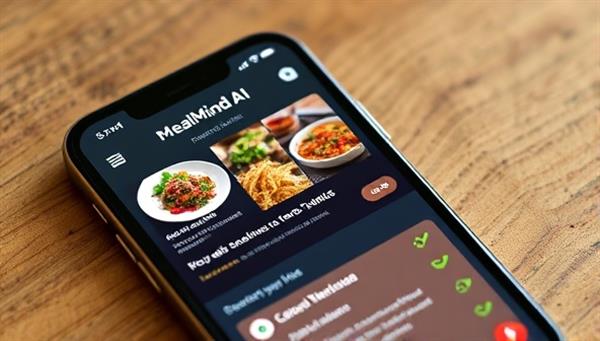 A smartphone screen displaying the MealMind AI app interface with meal plan recommendations, recipe suggestions, and a grocery list feature, showcasing the platform