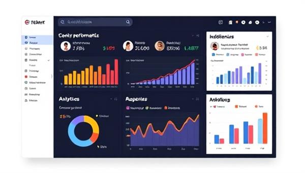 A sleek dashboard interface displaying detailed influencer performance metrics, audience demographics, and engagement rates, with dynamic graphs and charts illustrating the platform