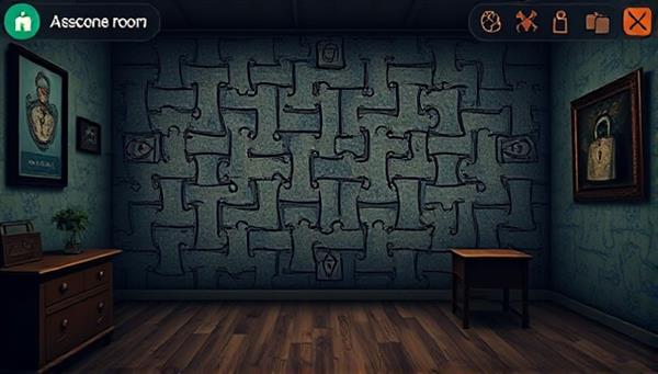 An online escape room interface featuring a series of interconnected puzzles, locks, and clues, set against a backdrop of a mysterious virtual room, inviting players to embark on a thrilling challenge.