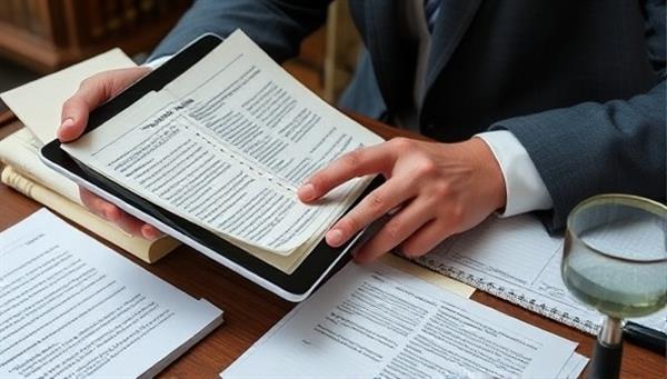 A professional analyzing a complex legislative document on a tablet, surrounded by books, legal papers, and a magnifying glass, symbolizing the in-depth analysis and attention to detail provided by LegisWatch in monitoring legislative changes and policy updates.