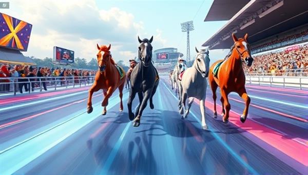 A dynamic digital illustration of virtual horses racing on a futuristic track, with spectators cheering in the background, conveying the excitement and realism of the E-QuestRaces virtual horse racing simulation platform with vibrant colors and detailed animations.