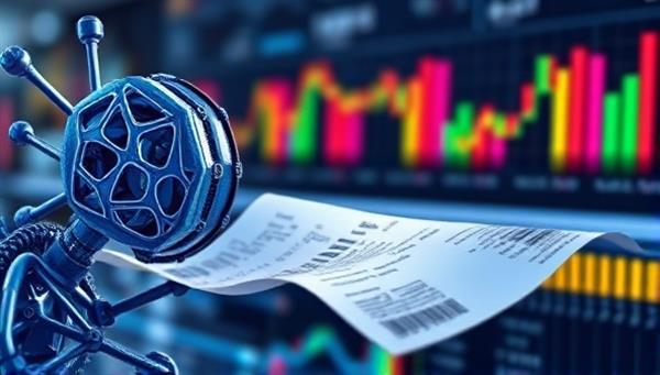 An illustration of a sophisticated AI algorithm analyzing a stream of expense receipts, with colorful graphs and data visualization in the background, symbolizing efficiency and automation in expense management.