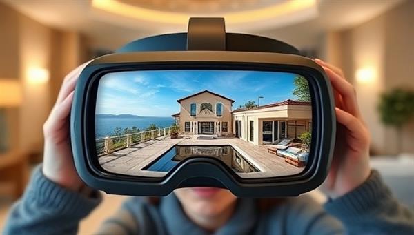 An engaging VR headset setup with a virtual tour of a luxurious property displayed, showcasing high-quality visuals and immersive details, evoking a sense of realism and excitement for virtual property exploration.