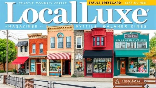 An online magazine cover featuring vibrant and diverse images of local landmarks, businesses, and community members, with engaging headlines and stories that capture the essence of the neighborhood, inviting readers to explore and connect with LocalLuxe Magazine