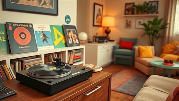A retro-inspired living room setup with a vintage turntable, a collection of colorful vinyl records displayed on a shelf, and a cozy listening corner with retro furnishings, creating a nostalgic and immersive music experience that embodies the essence of the RetroGroove Club subscription service.