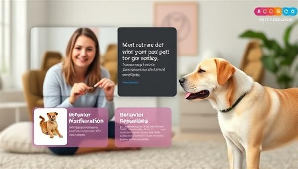 An online pet behavior course scene showing a virtual instructor demonstrating positive reinforcement training techniques with a pet, with graphics illustrating behavior modification strategies and a calm and attentive pet, highlighting effective training methods.