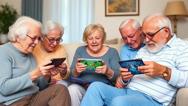 A group of seniors enjoying a virtual gaming session together on tablets or smartphones, engaged in multiplayer games, brain teasers, or social challenges, illustrating the social and interactive aspects of the gaming network for seniors.