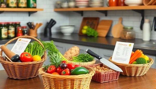 An inviting kitchen setting with colorful ingredients neatly arranged in baskets, recipe cards displayed, and a chef