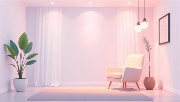 An illustration of a calming virtual therapy room with soothing colors, soft lighting, and a comfortable chair, symbolizing a safe and nurturing space for online mental health support sessions.
