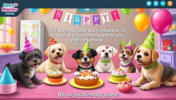 A festive virtual pet birthday party scene with colorful decorations, party hats, and pets enjoying themed treats and games in an online celebration, highlighting the joyful and interactive experience offered by PawtyPlanner Online
