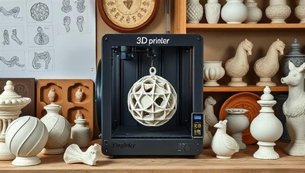 An artistic workshop setting with a 3D printer crafting a custom concrete ornament, surrounded by various concrete molds, design sketches, and finished sculptures, blending technology and artisanal craftsmanship.